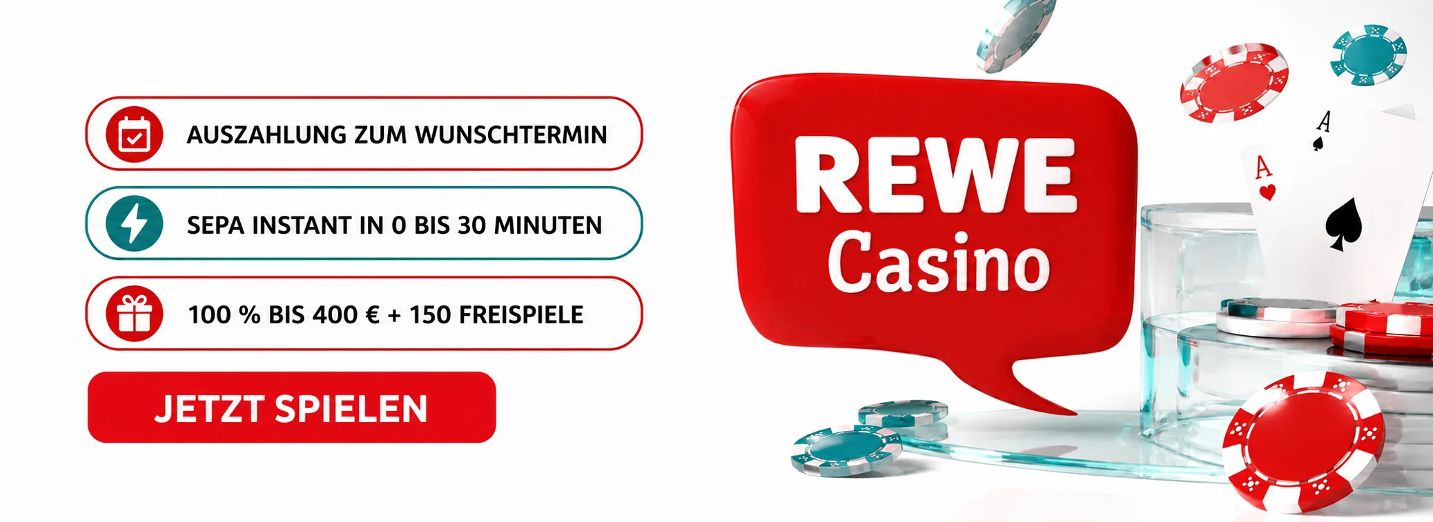 REWE Casino Banner: Auszahlung zum Wunschtermin mit SEPA Instant und Bonus 100 % bis 400 €